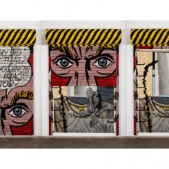 Atul Dodiya, "Eyes," 2013, Exterior: Enamel paint and brass letters on motorized galvanized roller shutter with iron hooks; Interior: Oil, acrylic with marble dust and oil stick on canvas, Exterior: 274 x 183 cm; Interior: 220 x 159 cm