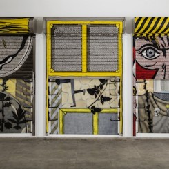 Atul Dodiya, “Eyes”, Exterior: Enamel paint and brass letters on motorized metal roller shutter with iron hooks, 274 x 183 cm each, Interior: Oil, acrylic with marble dust and oil stick on canvas, 220 x 159 cm，2013, 10 Chancery lane gallery（10号赞善里画廊）