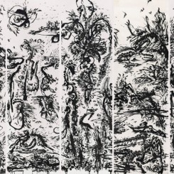Huang Zhiyang 黄致阳, Zoon - Beijing Bio: Spring Zoon - 北京生物之春, 2014, ink on silk 水墨绢本, 5 panels, each 475 x 120 cm (187 1/8 x 47 1/4 in x 5p)