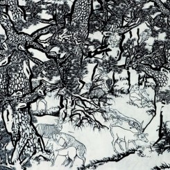 Yang Jiechang, “Black and White Mustard Seed Garden”(detail) [Tale of the 11th Day series], 2009-2014, ink and mineral pigments on silk, mounted on canvas, 8 panels, each 280 x 141 cm 杨诘苍，《十一日谈系列：白描芥子园》 ( 局部), 2009-2014年, 墨，矿物彩，绢，裱于布面, 280 x 141 cm/张，共8 张