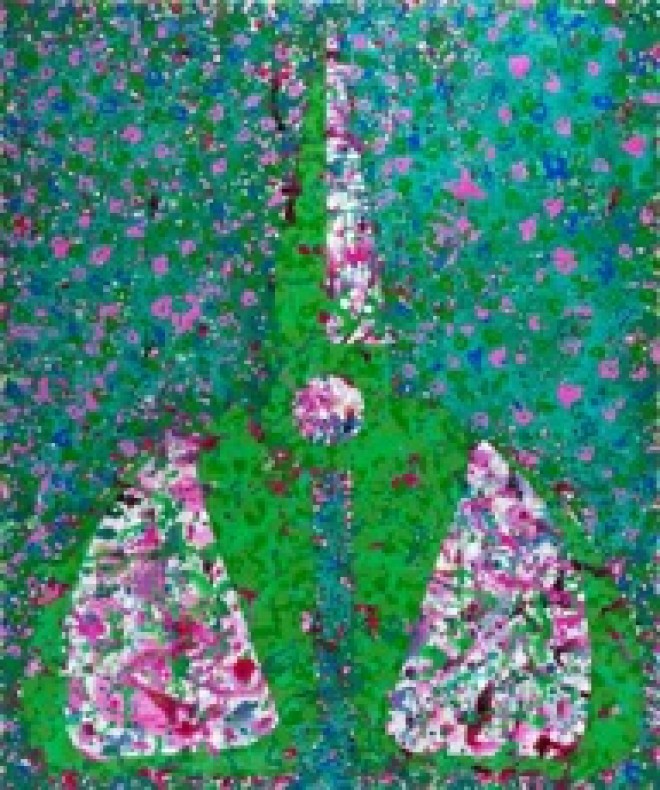 Mao Xuhui, "Green Scissors and Clover Flowers", acrylic on canvas, 180 x 150 cm,  2012
毛旭辉 ,  《绿色剪刀和三叶花》 ,  布面丙烯, 180 × 150 cm, 2012年