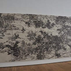 Yang Jiechang,"Black and White Mustard Seed Garden(Tale of the 11th Day series),8 panels, each ca.280 x 141cm, ink and mineral pigments on silk, mounted on canvas, 2009-2014(detail).杨诘苍，《十一日谈系列：白描芥子园》（局部），8幅，每幅尺寸约280 x 141cm，墨、矿物彩，绢本（裱于布面）。