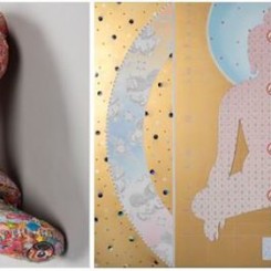 Left: Untitled (red base), 2012, 16 x 18 x12 inches, Mixed media collage, and pencil on resin sculpture
Right: Pendulum of Autonomy, 2014, 60 x 80 inches, Mixed Media Collage and dibond on aluminum honeycomb panel左：《Untitled（red base）》，2012，16 x 18 x 12英寸，树脂雕塑混合材料拼贴及铅笔绘画
右：《Pendulum of Autonomy》，2014，60 x 80英寸，铝蜂窝面板混合材料拼贴及Dibond复合材料