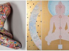 Left: Untitled (red base), 2012, 16 x 18 x12 inches, Mixed media collage, and pencil on resin sculpture
Right: Pendulum of Autonomy, 2014, 60 x 80 inches, Mixed Media Collage and dibond on aluminum honeycomb panel左：《Untitled（red base）》，2012，16 x 18 x 12英寸，树脂雕塑混合材料拼贴及铅笔绘画
右：《Pendulum of Autonomy》，2014，60 x 80英寸，铝蜂窝面板混合材料拼贴及Dibond复合材料