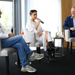 Alex Israel,  FKA Twigs and Hans Ulrich Obrist attend a Surface Magazine talk at Edition Hotel.  (Photo by Astrid Stawiarz/Getty Images for Surface).