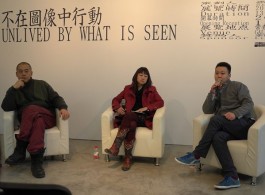 “不在图像中行动”策展人（左起）：孙原&彭禹、崔灿灿，当代唐人艺术中心，2014年12月13日
