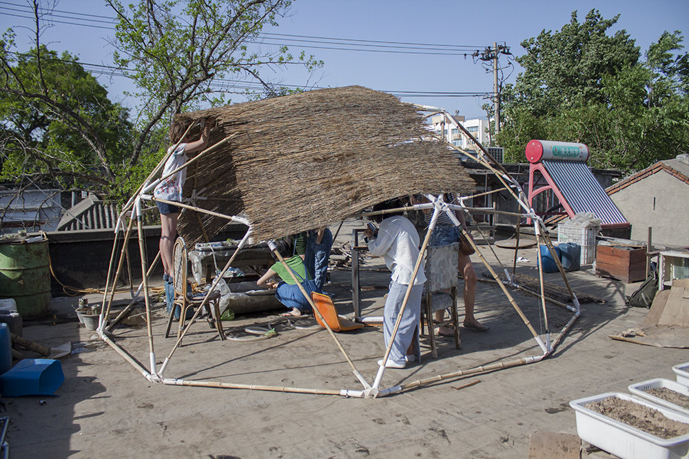 Artists building an aquaponics system on Homeshop's roof  艺术家在家作坊的屋顶安装鱼菜共生系统