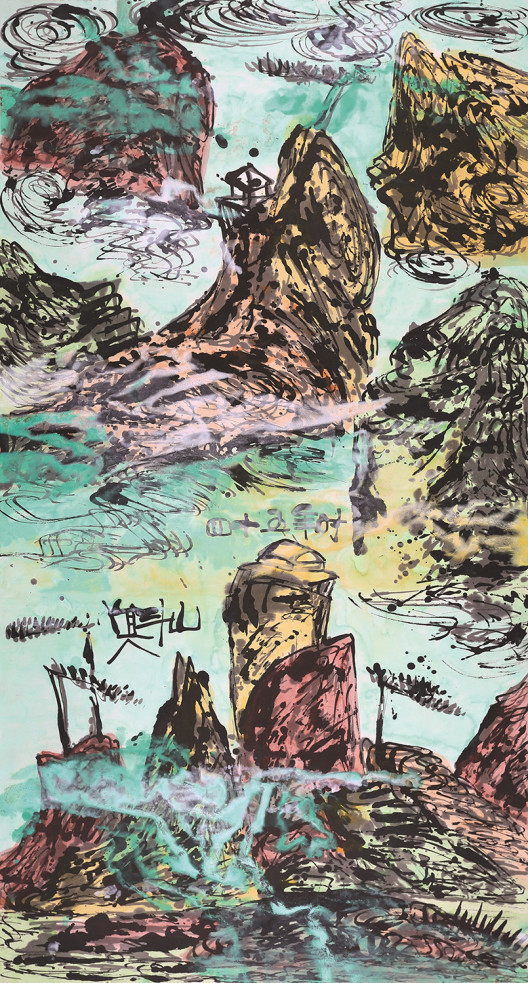 Lot 拍品编号 43 WESLEY TONGSON唐家伟 (Chinese, 1957 - 2012) Spiritual Mountains 5 《灵山5》 ink and colour on paper水墨 设色 纸本 179 x 97 cm. (70.3 x 38 in.) Executed in 2012, 2012年作 HK$ 60,000- 80,000 US$ 7,700- 10,300