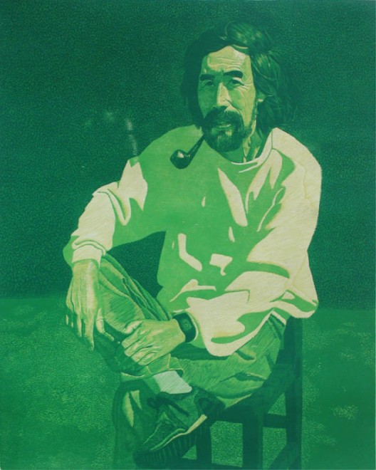 王华祥（Wang Huaxiang），《绿色背景》，木刻版画，69×58cm，1990