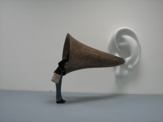 John Baldessari, “Beethoven's Trumpet (with Ear) Opus # 127,” resin, fiberglass, bronze, aluminum, and electronics, 185 x 183 x 267 cm, 2007.