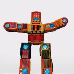 NAM JUNE PAIK, Bakelite Robot, 2002, single-channel video (color, silent) with LCD monitors and vintage Bakelite radios, 48 × 50 × 7 3/4 inches (121.9 × 127 × 19.7 cm) © Nam June Paik Estate