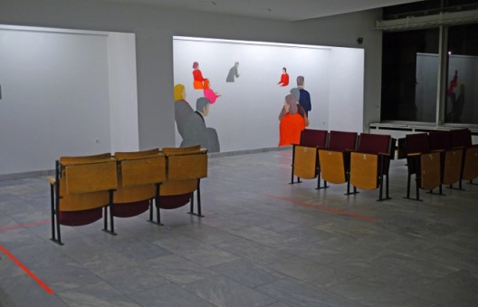 Siniša Ilić, “Gathered version 3”, Wall painting, photograph, chairs, tape, 2014.