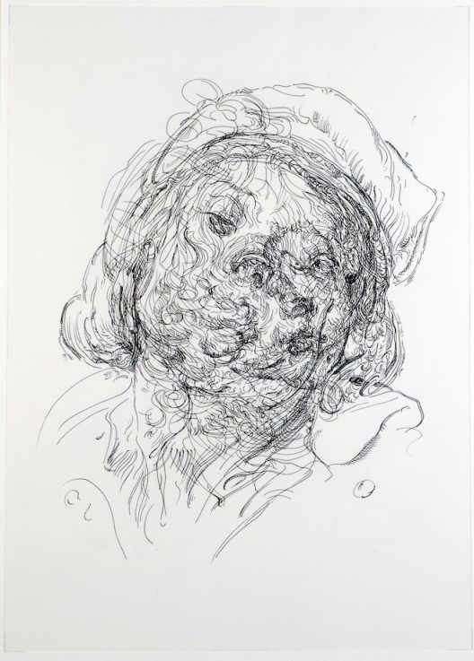 Drawing 40 (after Greuze/Jordaens) 2014 ink on polypropylene over Indian ink on paper 50 x 36 cm (Courtesy the artist and Galerie Max Hetzler Berlin | Paris. Photo: Prudence Cummings Limited)