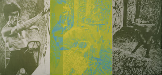  刁德谦，《双龙 》，1999，布面丙烯、丝网印刷，183 x 396.5 厘米。私人收藏。 David Diao, Twin Dragons, 1999, acrylic and silkscreen on canvas, 183 x 396.5 cm. Private Collection