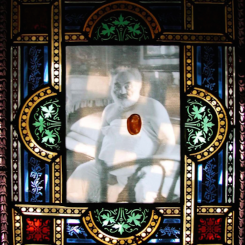Sarkis, IK. 141 4.3.2003 (à Paradjanov), 2003. Watercolor on glass on photo stained glass frame, Alsace late XIX.