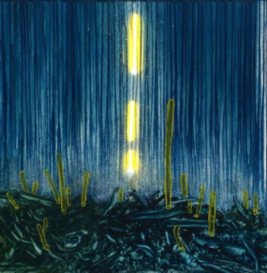 陈春木，《灵光乍现》，  综合绘画 ，木板、丙烯、油彩  LED灯 ，150x150cm