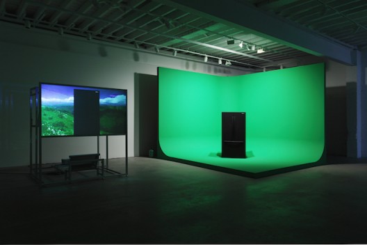 Mark Leckey GreenScreenRefrigeratorAction, 2010 Installation view: Gavin Brown’s enterprise, 2010 Samsung refrigerator, rear screen projection rig, digital video, green screen set, PA, can of coolant Courtesy the artist and Gavin Brown’s enterprise