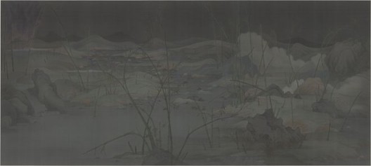 Hao Liang, “Eight Views of Xiaoxiang 1”, Ink and color on silk, 380 x 169 cm（framed 411 x 200 cm）, 2014郝量，《潇湘八景一》，绢本重彩，380 x 169 厘米（裝裱后411 x 200 厘米），2014