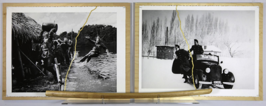 Sarkis, Kintusgi avec Aguirre (Werner Herzog) et Jours Glacés (Andras Kovacs) + Bokken Kendo, 2015. Inkjet print on Arches paper 300gr, gold upon Kintsugi method, bokken kendo, 63 x 168 cm.