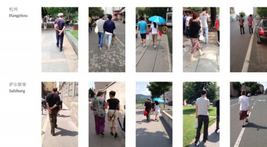 “Walk Like Chinese (video stills)“，workshop; 2-channel video, 6 min, 2013《师华步（录像截屏），工作坊，双屏录像，6分钟，2013