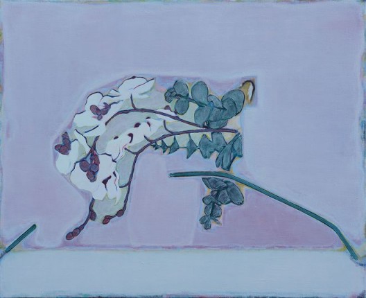 唐永祥，《横着的一枝花 粉色背景 下面有两段线》，布面油画，65×80cm，2015（图片由艺术家和魔金石空间提供）