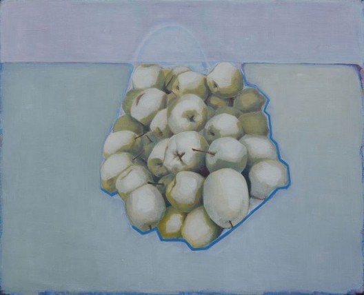 Tang Yongxiang, Pears Next to Blue Line, Oil on canvas, 65×80cm, 2015 (Courtesy the artist and Magician Space)