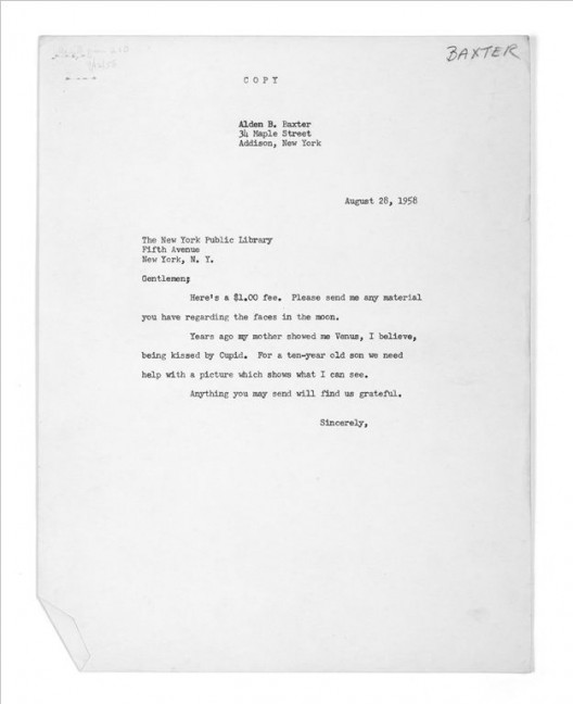 泰伦·西蒙，《1958年8月28日，图片收集网的用户奥尔登·B·巴克斯特向纽约公共图书馆索要的图片》