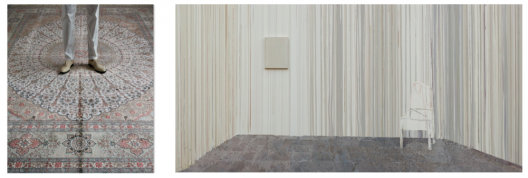 Chen Yufan and Chen Yujun, Borrowed Land 9.72 Square Meters, 2016. Handmade wool rug + lightbox. Chen Yujun, Temporary Home 14150522, 2014-2015. Acrylic on canvas. 220 x 450 cm陳彧凡、陳彧君, 借地,9.72平方米, 2016. 手工羊毛地毯 + 燈箱. 陳彧君, 臨時家庭No.14150522, 2014-2015. 布面丙烯. 220 x 450 cm