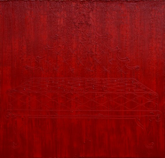 Zhang Zhenxue 张振学, Red Bed 红床, Oil on canvas, glass 布面油彩, 玻璃, 155x150cm, 2015