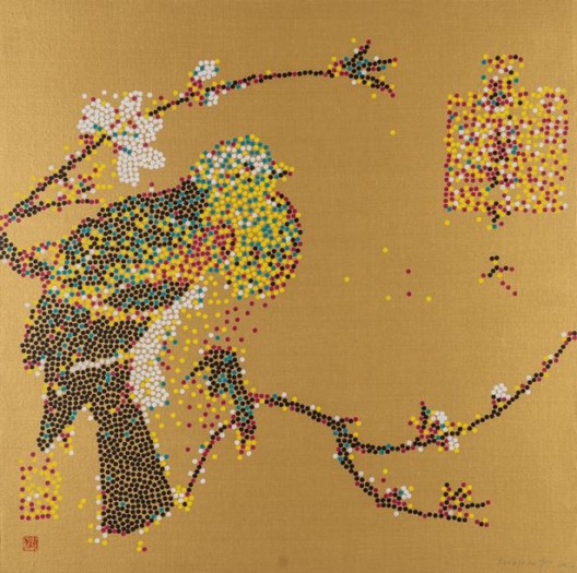 杨冕，CMYK - 金色花鸟之三，布面丙烯，80×80cm，2016
