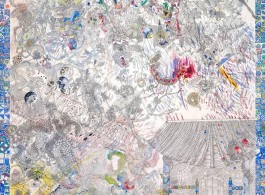 Hasanul Isyraf Idris "Topographic Retro Dingdang", 2015, 153 x 153cm, felt ink watercolour pencil, colored pencil, glitter on paper (image courtesy the artist and Richard Koh Fine Art)