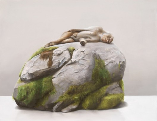 Sam Leach Monkey on Mossy Rock, 2016 oil and resin on wood 41 x 51 cm