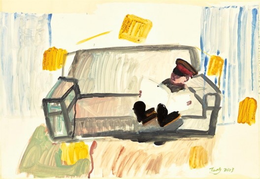 唐志冈,《世像:读书》,纸上广告颜料,55.5 × 79 cm,2013(图片由艺术家和汉雅轩画廊提供)/ Tang Zhigang, “WorldPlay: Reading”, poster color on paper, 55.5 × 79 cm, 2013 (courtesy the artist and Hanart TZ Gallery)