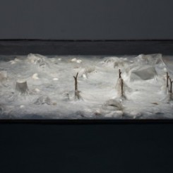Liang Shaoji 梁绍基, Snow Cover No. 1雪藏 No.1, 2013-14，Silk, cocoons, paper cup, plastic cup, metal, board丝，茧，纸杯，塑料杯，金属，木板，17 x 122 x 244 cm