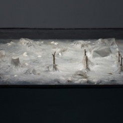 Liang Shaoji 梁绍基, Snow Cover No. 1雪藏 No.1, 2013-14，Silk, cocoons, paper cup, plastic cup, metal, board丝，茧，纸杯，塑料杯，金属，木板，17 x 122 x 244 cm