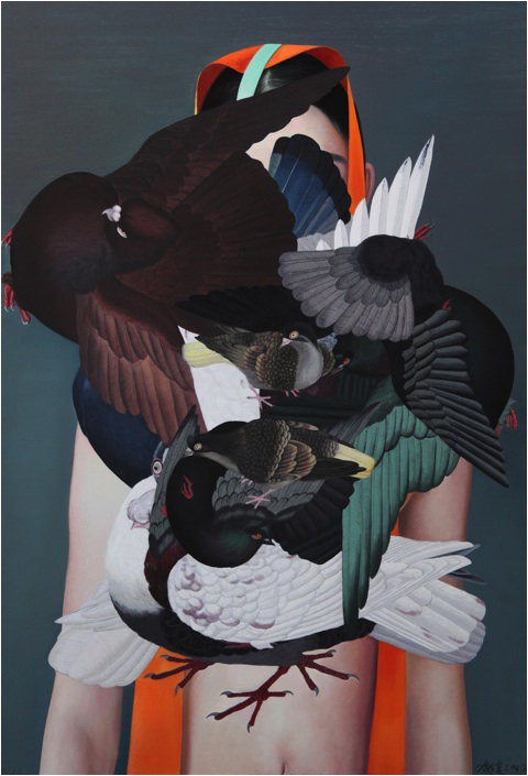 Falling Ancient Birds, 2016. Oil and acrylic on canvas. 190 x 130 cm 