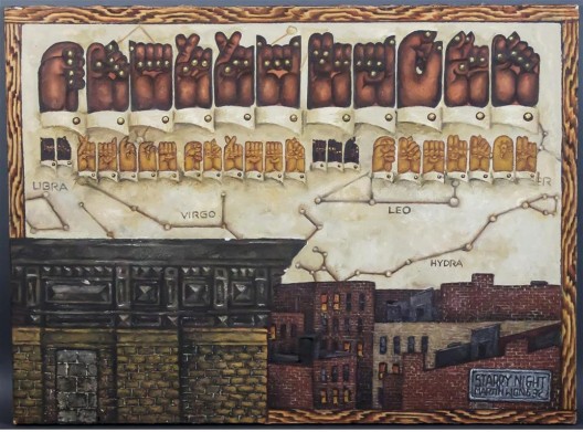 黄马鼎,《星空》,布面油画,56 × 76 cm,1982(布朗克斯艺术博物馆,苏西和约瑟夫·伯兰的赠送)/ Martin Wong, “Starry Night”, oil on canvas, 56 × 76 cm, 1982 (Bronx Museum of the Arts, Gift of Suzy and Joseph Berland)