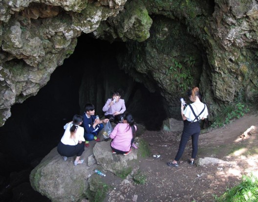 L Sub(白双全、胡敏仪、严瑞芳)目击到老山本地人在龙洞上午餐的场景(上图),这一场景成为参展项目《金核桃四重奏》的起点。/ L Sub (Pak Sheung Chuen + Wo Man Yee Wendy + Yim Sui Fong) came upon locals from Laoshan lunching at the Dragon Cave, which became the starting point of the participatory project “Golden Walnut Quartet.”