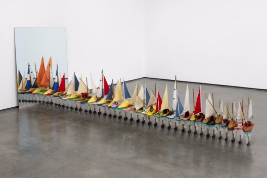 Francis Alÿs, Untitled (Study for Don't Cross the Bridge Before You Get to the River), 2006-2009. Installation composed of one painting, 36 Shoe-Boats, and one mirror. Approximate dimensions: 47 1/4 x 39 3/8 x 128 1/8 inches (120 x 100 x 325.4 cm)
