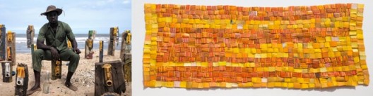 瑟奇·阿图克威·科洛泰和他的作品，《丰收 II》，2016，塑料、电线和油彩绘画，127 x 57 in（图片由艺术家及史蒂芬·斯姆肖维茨提供）
