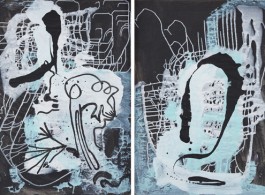Sigmar Polke, Untitled, 1985.
Mixed media on prepared paper. Two parts; each: 39 x 27 1/4 inches, (Two parts; each: 99 x 69 cm).