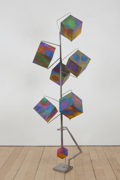 George Rickey, Column of Six Cubes with Gimbal, 1995-1996, stainless steel, polychrome, unique, 83 x 32 x 32 in. Each cube: 8 x 8 in, courtesy of Marlborough Gallery Inc. and the Estate of George Rickey