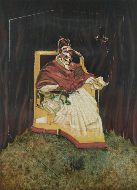 Francis Bacon, Study for a Portrait of Pope Innocent X, 1989, lithograph, 115.6 x 76.8 cm, © The Estate of Francis Bacon. All rights reserved / DACS 2016, Bacon and Freud: Graphic Works, 18 January 2017 – 25 February 2017, Marlborough Graphics, London, marlboroughlondon.com 弗朗西斯·培根《纯真X世教皇肖像画研究习作1989》,1989,平版画,115.6 x 76.8 cm(每幅),©弗朗西斯·培根遗产基金会,《弗朗西斯·培根和卢西恩·佛洛伊精选平面作品展》,2017年1月18日-2月25日,马乐伯平面设计,伦敦