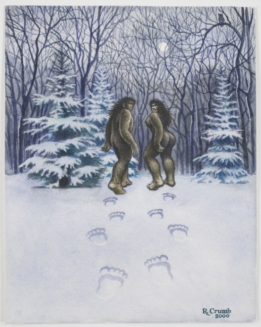 R. Crumb, Bigfoot Couple, 2000, Watercolor on paper, 17 3/4 x 14 inches (45 x 35.5 cm) © Robert Crumb, 2000. Courtesy the artist, Paul Morris, and David Zwirner, New York/London.