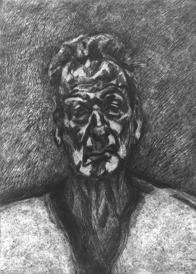 Self Portrait: Reflection, 1996, etching, edition of 46, 59.4 x 42.7 cm, Freud, Lucian (1922-2011) / © The Lucian Freud Archive / Bridgeman Images, Bacon and Freud: Graphic Works, 18 January 2017 – 25 February 2017, Marlborough Graphics, London, marlboroughlondon.com 卢西恩·佛洛伊德,《肖像画:镜像》,1996,蚀刻版画,46版,59.4 x 42.7 cm,© The Lucian Freud Archive / Bridgeman Images,《弗朗西斯·培根和卢西恩·佛洛伊精选平面作品展》,2017年1月18日-2月25日,马乐伯平面设计,伦敦