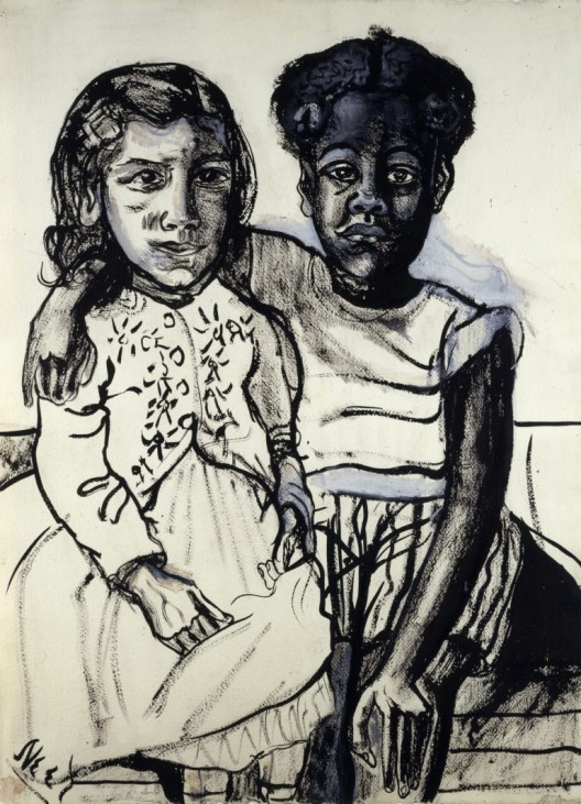 Two Girls, 1954, Ink and gouache on paper, 29 1/4 x 21 3/4 inches (74.3 x 55.2 cm),© The Estate of Alice Neel. Courtesy David Zwirner, New York/London