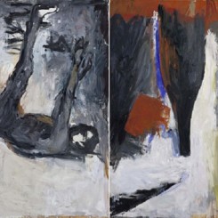 Georg Baselitz, Akt und Flasche (Nude and Bottle), Oil on canvas. Two parts; each: 98 1/2 x 67 inches, (Two parts; each: 250 x 170 cm), 1977
乔治·巴塞利兹，《Akt und Flasche (Nude and Bottle)》，布面油画，两幅，每幅：98 1/2 x 67英寸（250 x 170 cm），1977