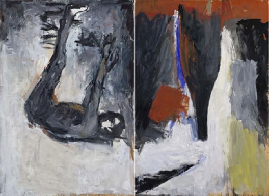 Georg Baselitz, Akt und Flasche (Nude and Bottle), Oil on canvas. Two parts; each: 98 1/2 x 67 inches, (Two parts; each: 250 x 170 cm), 1977 乔治·巴塞利兹，《Akt und Flasche (Nude and Bottle)》，布面油画，两幅，每幅：98 1/2 x 67英寸（250 x 170 cm），1977