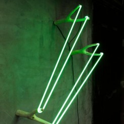 Zhou Wendou, Three Catapults, 2017. Wood, neon light, transformer, 74 x 40 x 30 cm