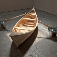 Zhou Wendou, Two Buckets Plan, 2017. Wood, water, galvanized metal buckets, 300 x 300 x 70 cm